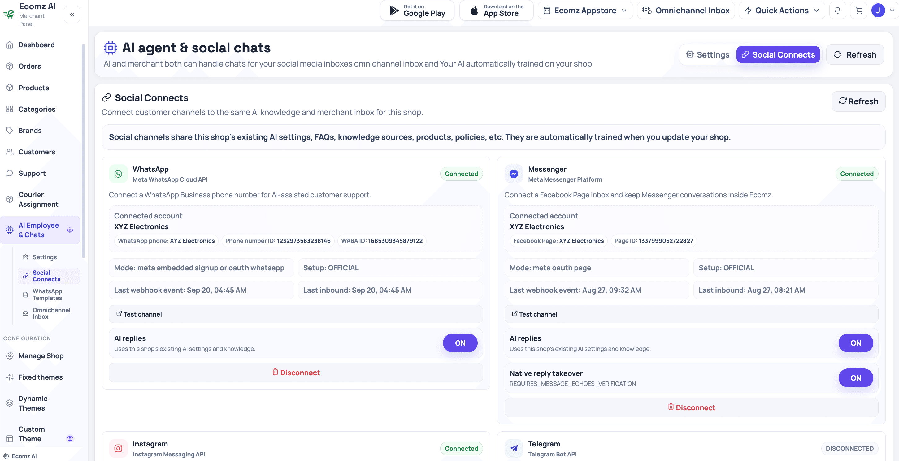 Ecomz WhatsApp, Messenger, Instagram and Telegram connections