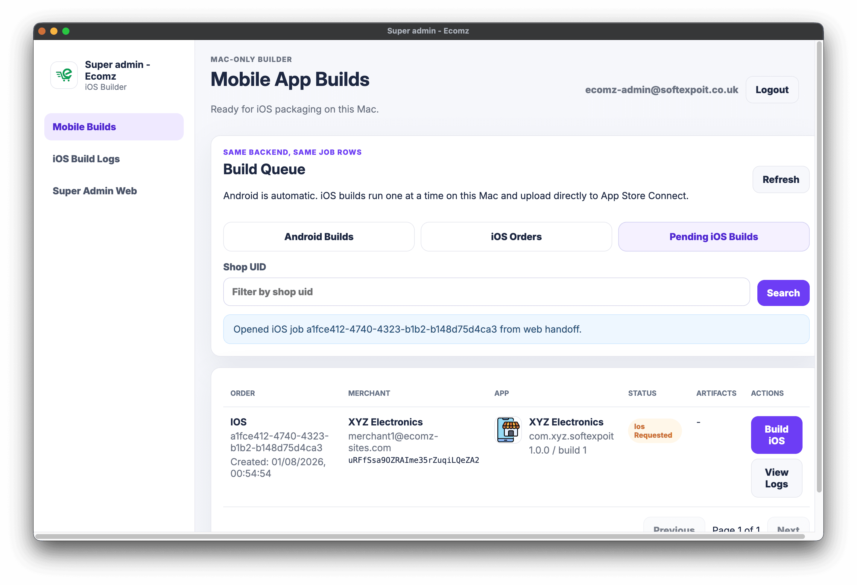 Super Admin Mac app — pending iOS build orders
